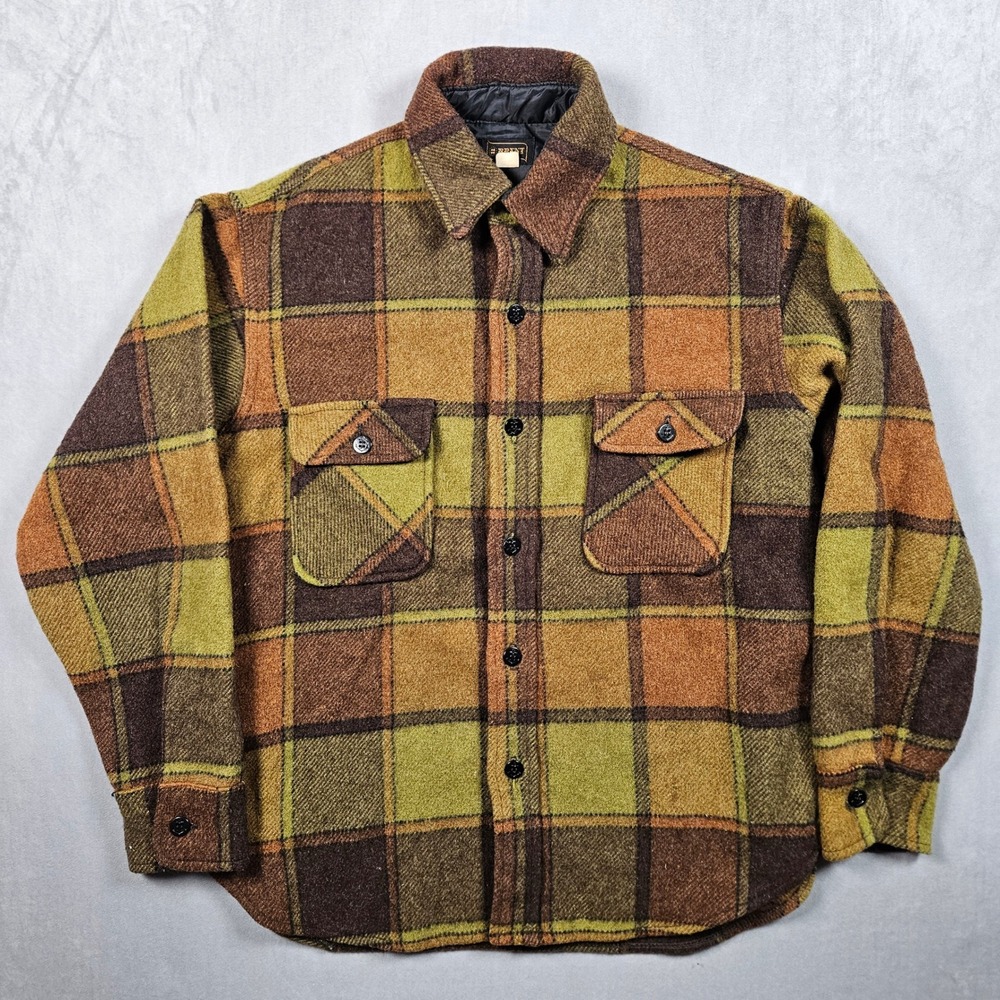 Vintage Flannel Shirt Jacket Mens Medium Brown Plaid Wool Brent Union Made 70s